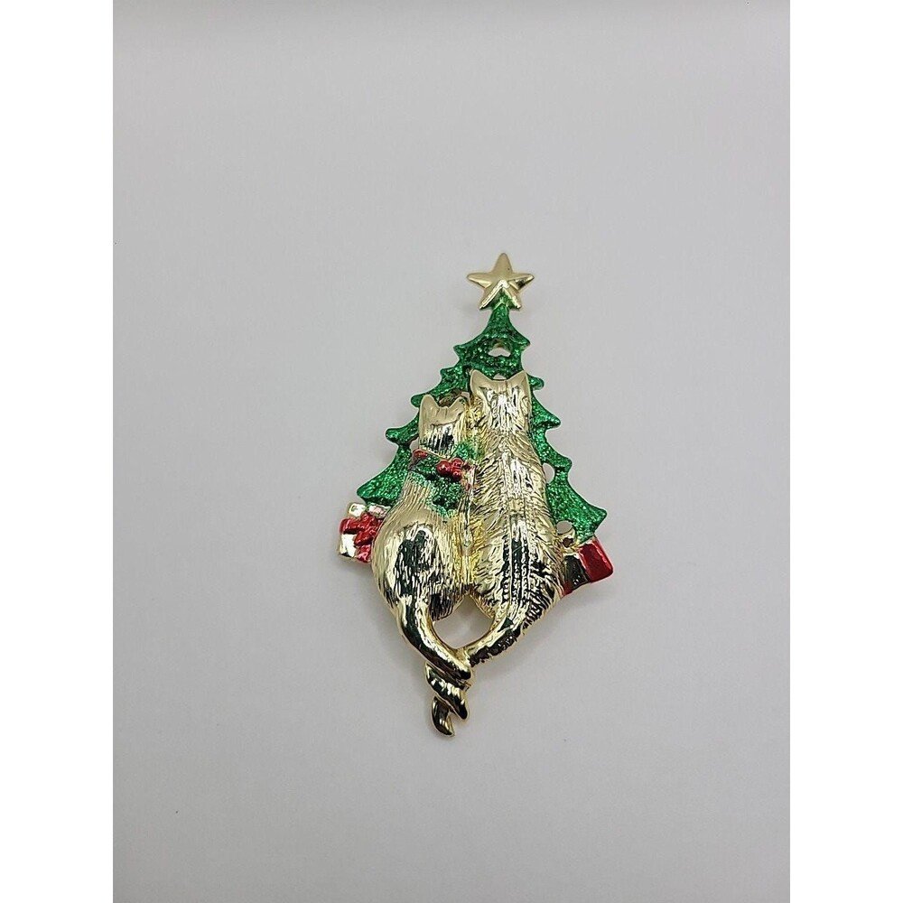 Vintage‎ AJC Christmas Cats Brooch: Gold Tone Glitter Enamel Tree Pin - Picture 10 of 10